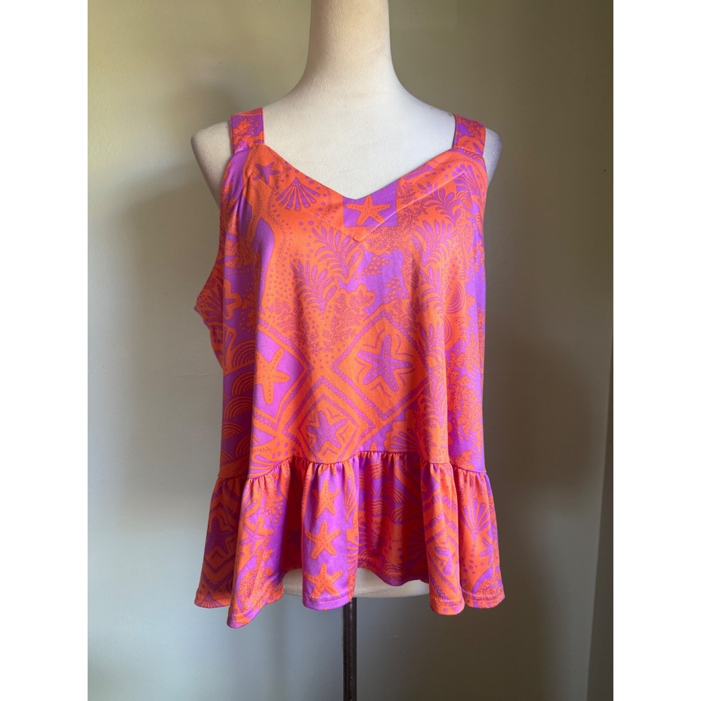 Cuddl Duds Large Orange Purple tropical Shell Peplum Tank Top L y2k boho resort